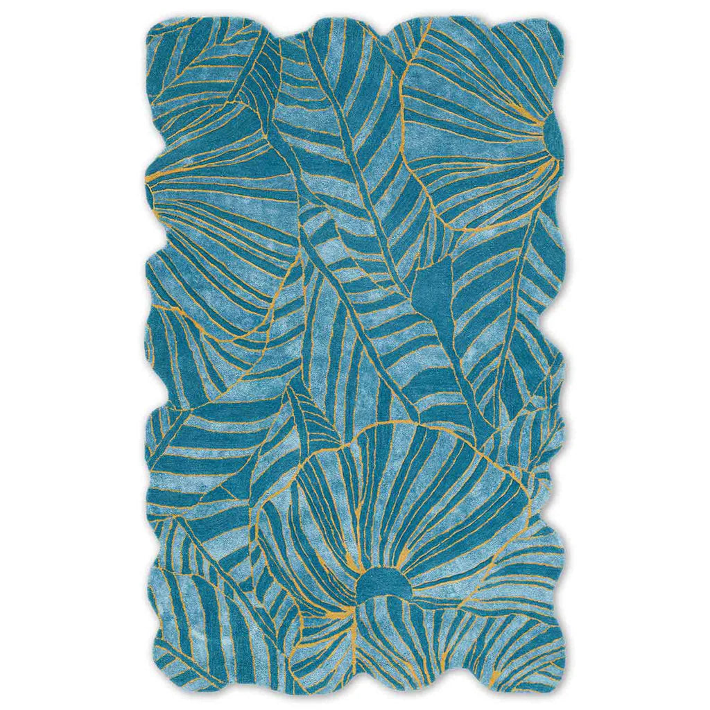 Blue Tropical Foliage Pattern Irregular Rug