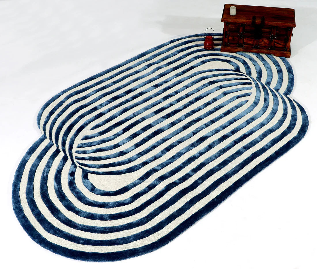Blue Ivory Wave Irregular Hand Tufted Wool Carpet