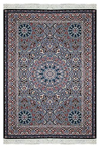 Classic Blue Irani Carpet with Central Floral Medallion Layout