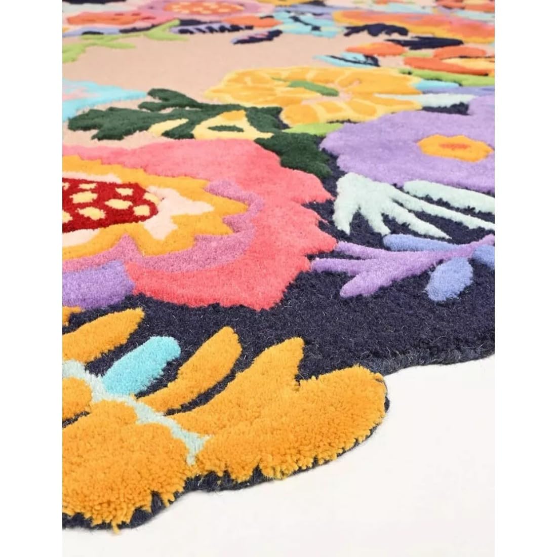 Handmade Colorful Roses Floral Wool Area Rug | Thick & Soft Carpet for Living, Bedroom & Kitchen Deco