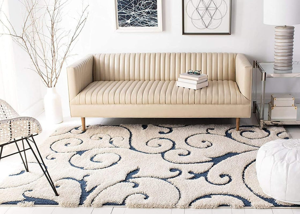 Ivory Blue Scroll Area Rug