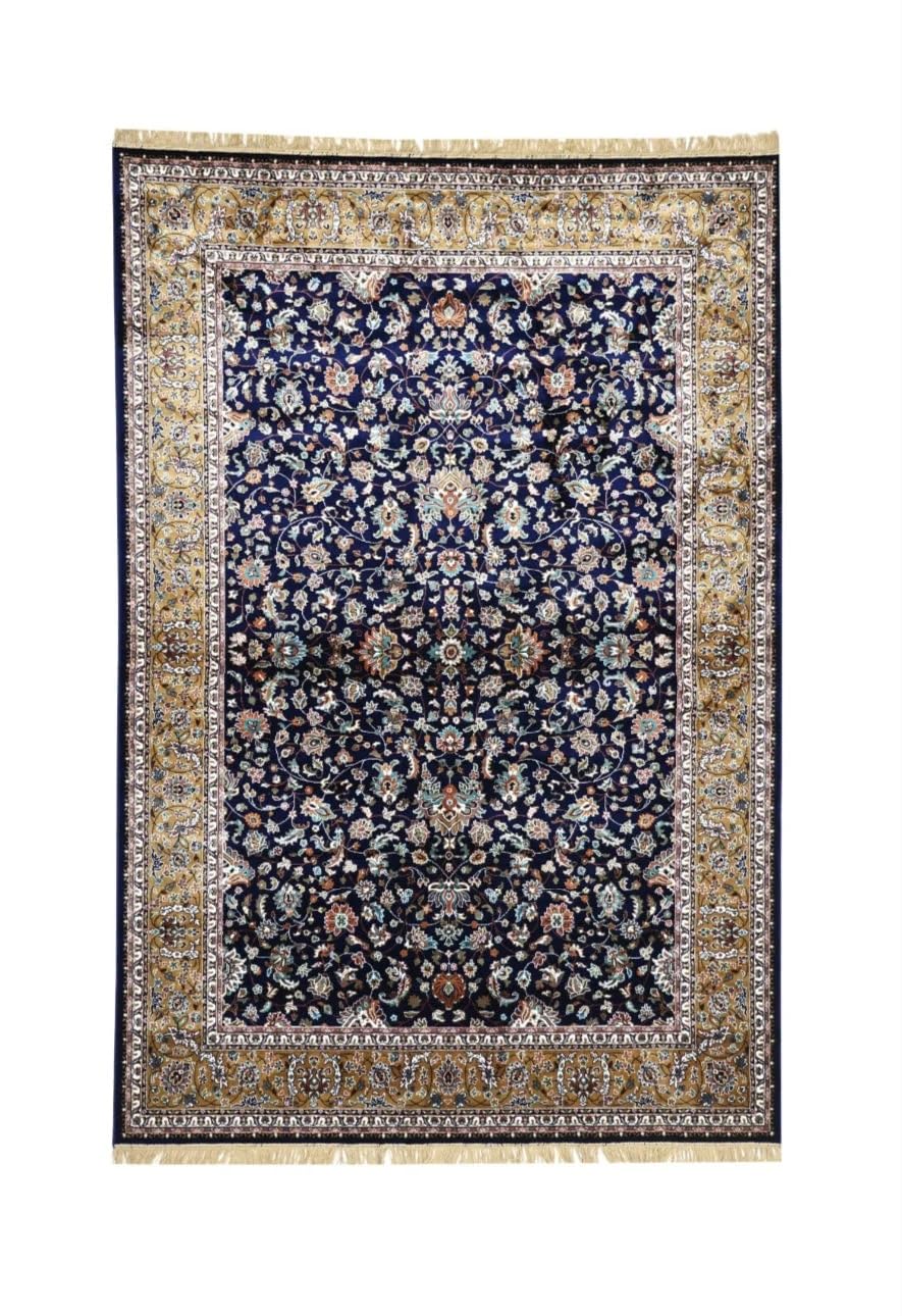 All Over Floral Carpet in Deep Navy with Gold Ornamental Border