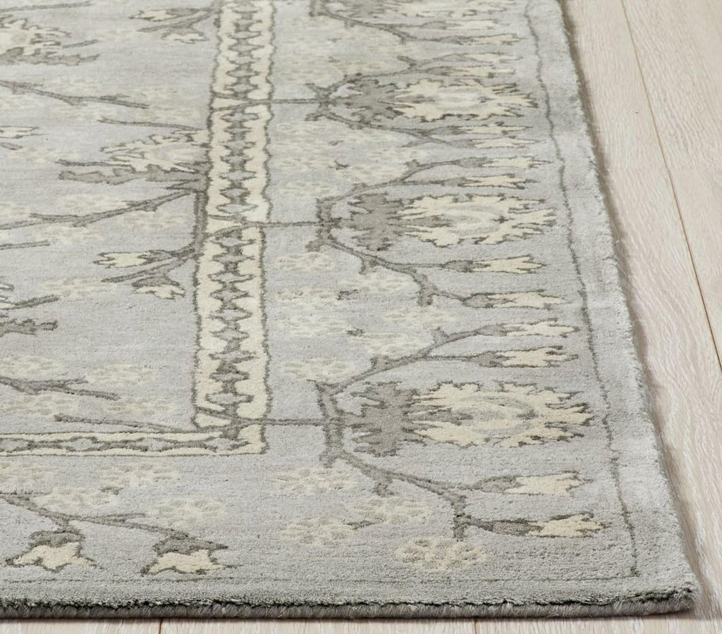 Luxury Silver Floral Rug with Subtle Border