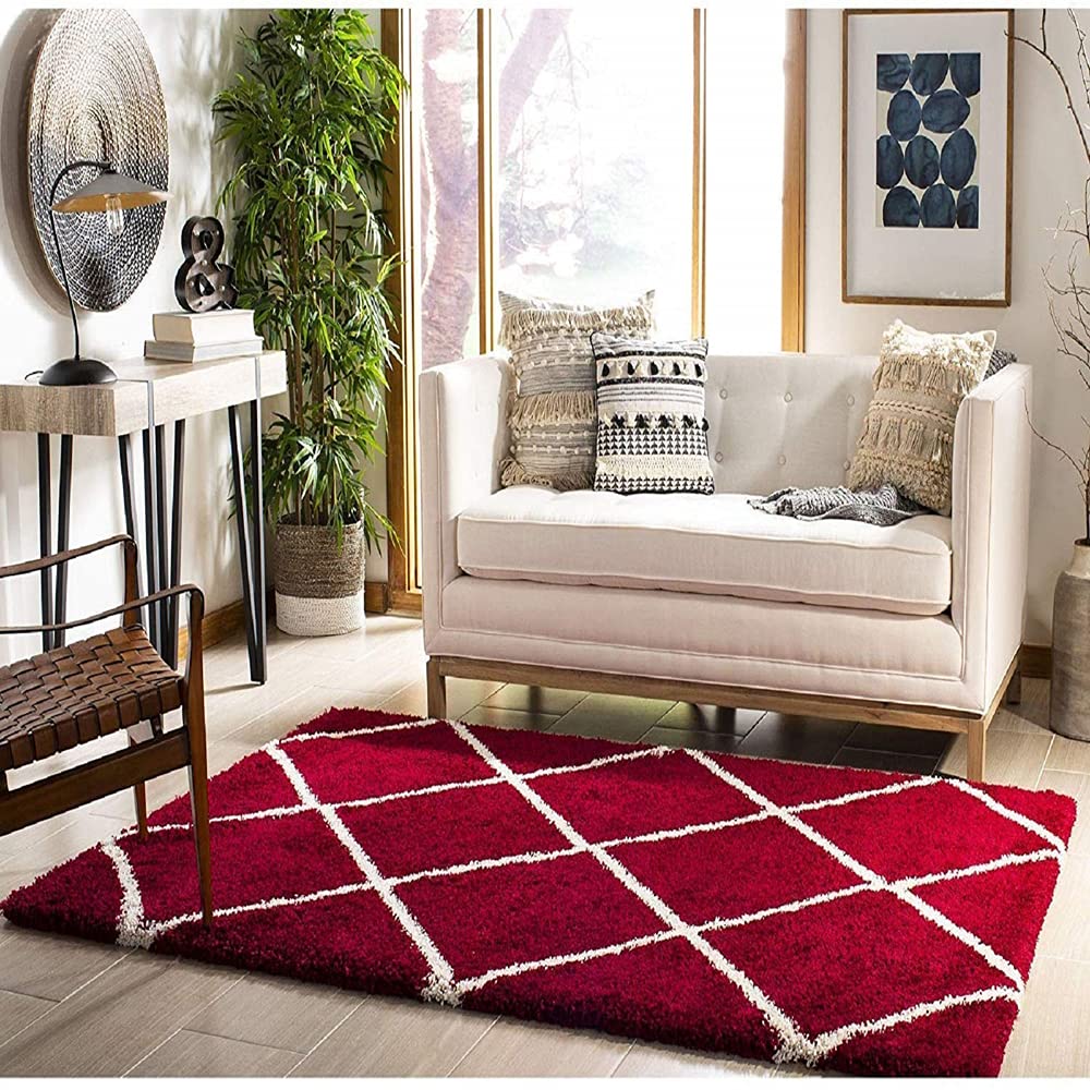 Crimson Geometric Grid Plush Carpet & Rug