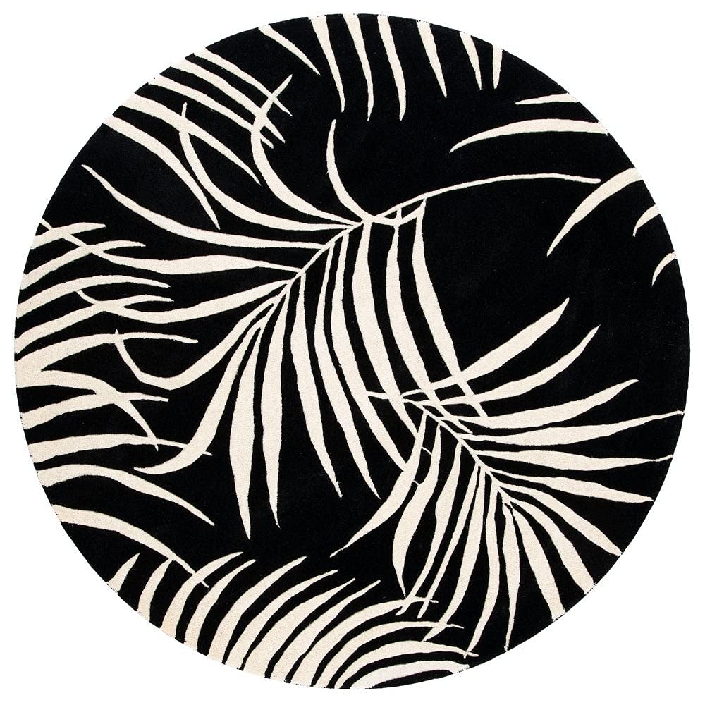 Black Tropical Leaf Round Carpet
