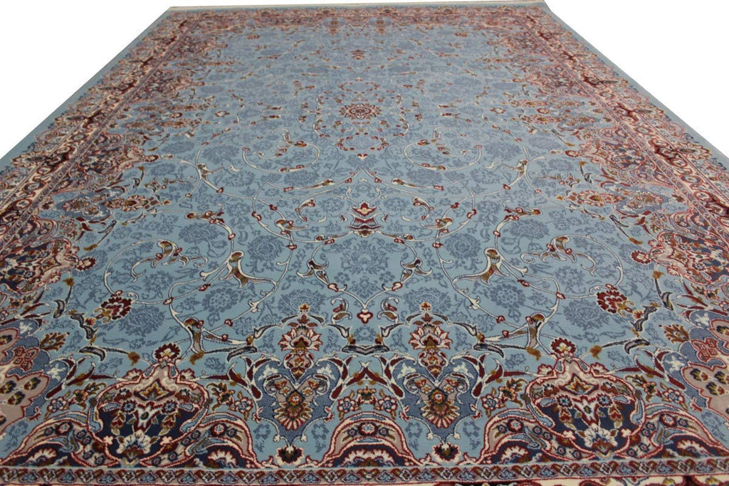 Soft Blue Irani Carpet with Subtle Vintage Floral Artwork