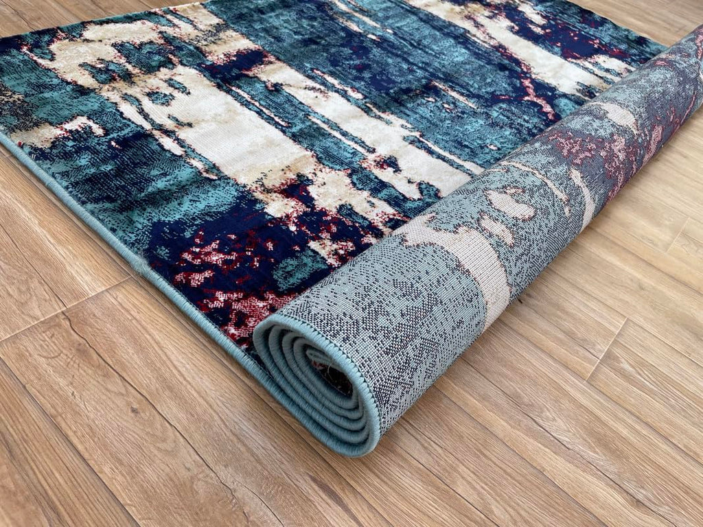Abstract Vertical Flow Teal Gold Area Rug