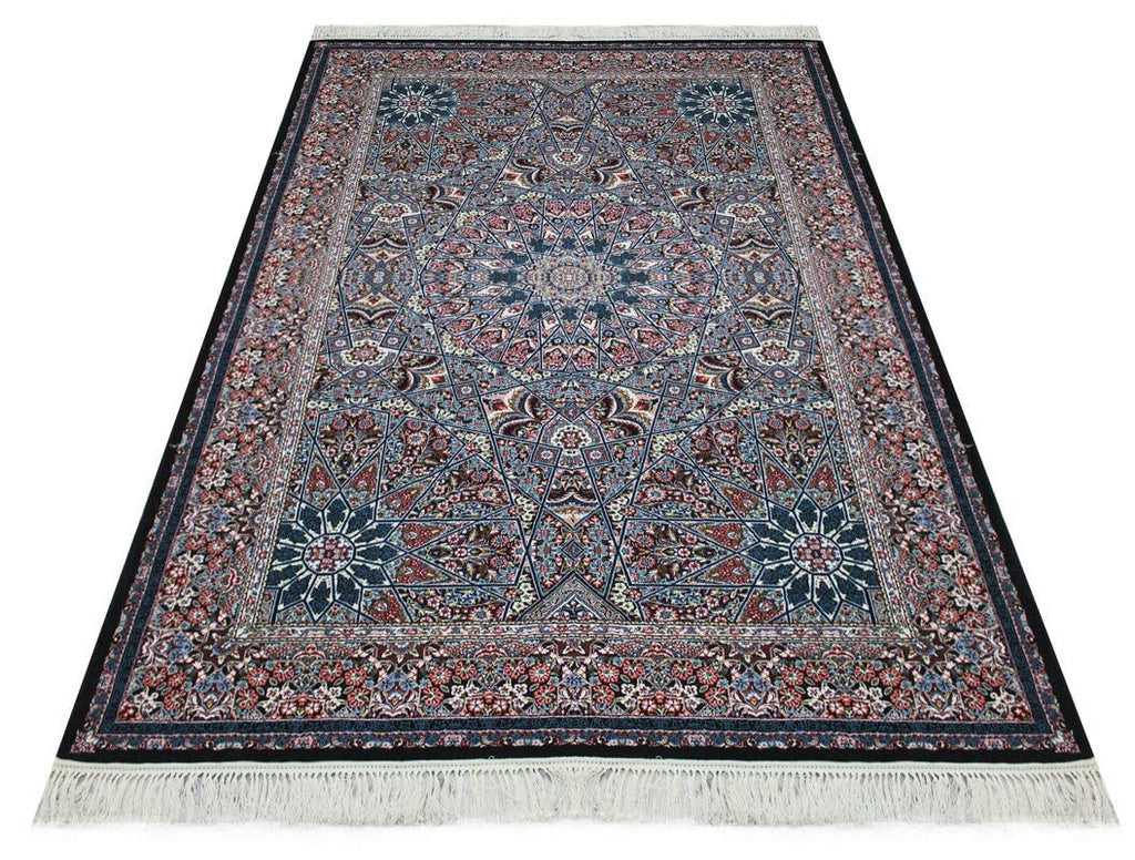 Classic Blue Irani Carpet with Central Floral Medallion Layout