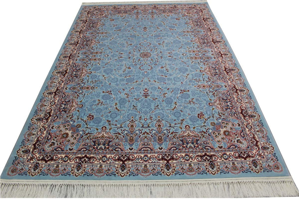 Soft Blue Irani Carpet with Subtle Vintage Floral Artwork
