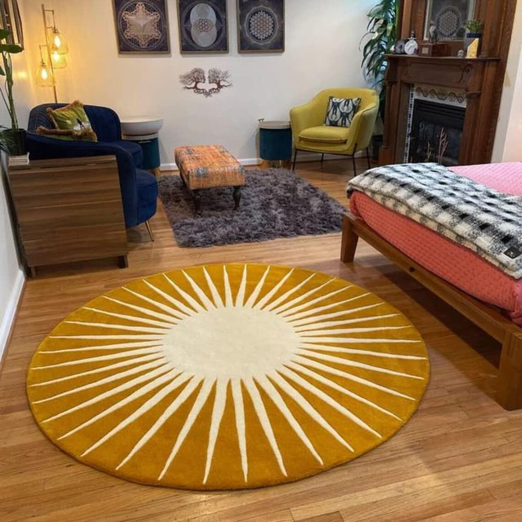 Mustard Yellow Sunburst Round Carpet