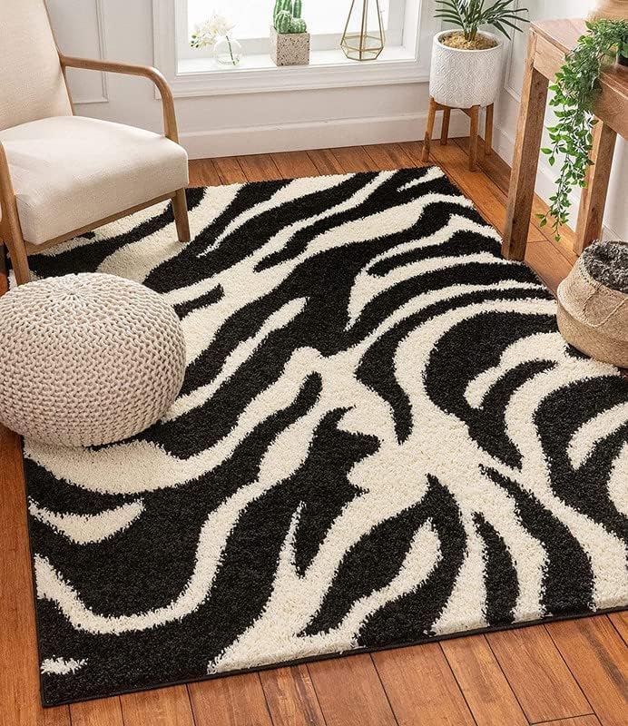 Noir Zebra Wave Textured Shaggy Rug