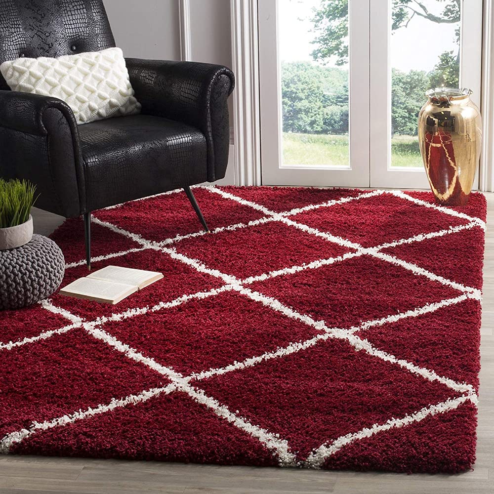 Crimson Geometric Grid Plush Carpet & Rug