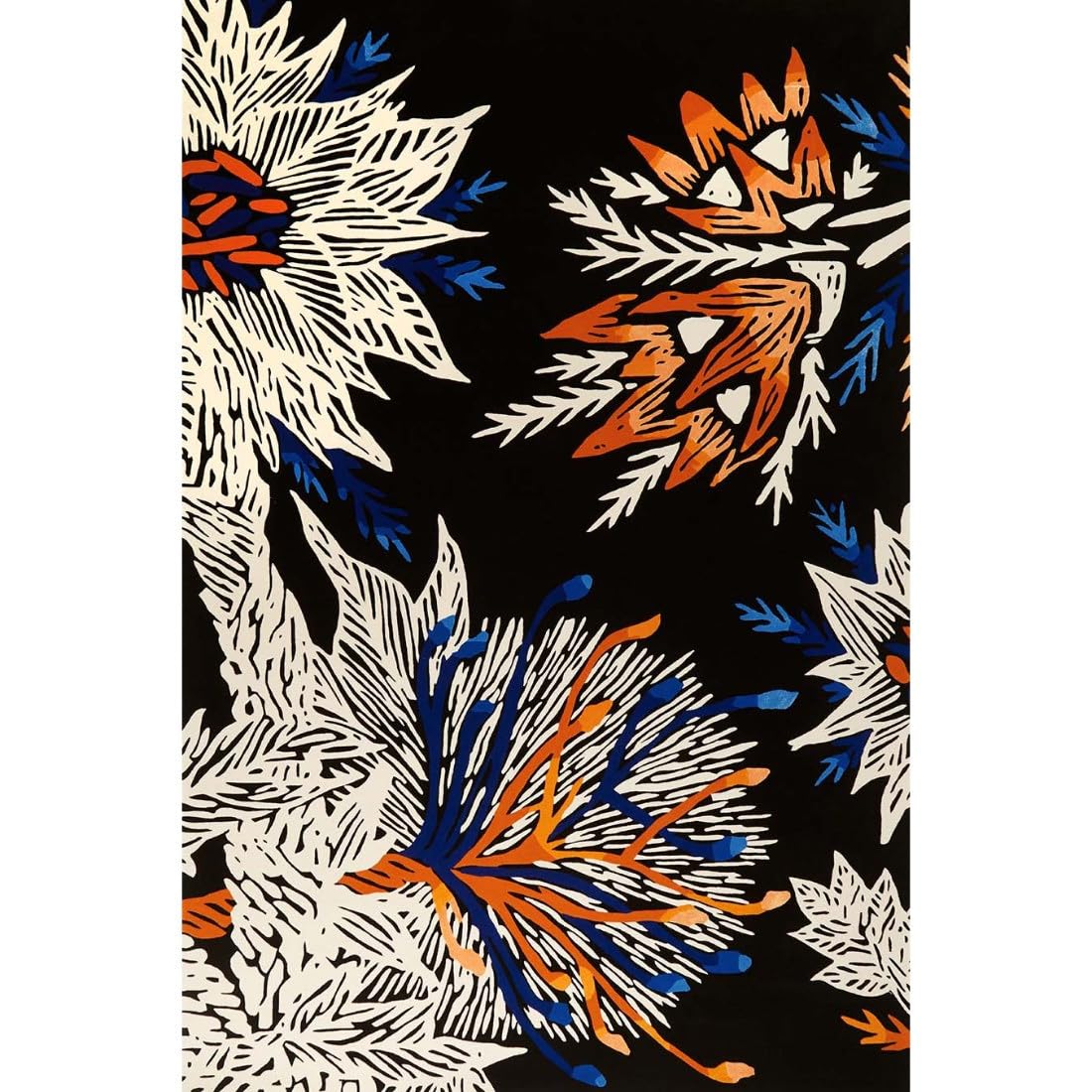 Bold Floral Black Area Wool Rug