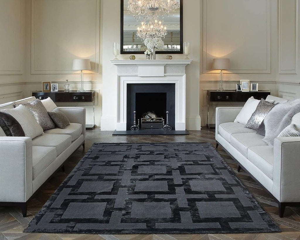 Charcoal Geometric Grid Silk Viscose Rug