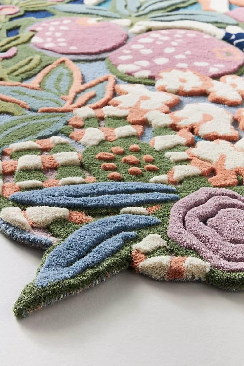Handmade Colorful Roses Floral Wool Area Rug | Thick & Soft Carpet for Living, Bedroom & Kitchen Deco