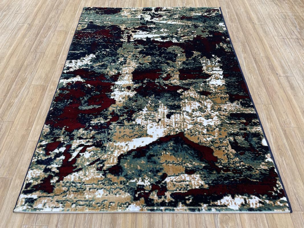 Abstract Crimson Fusion Distressed Area Rug