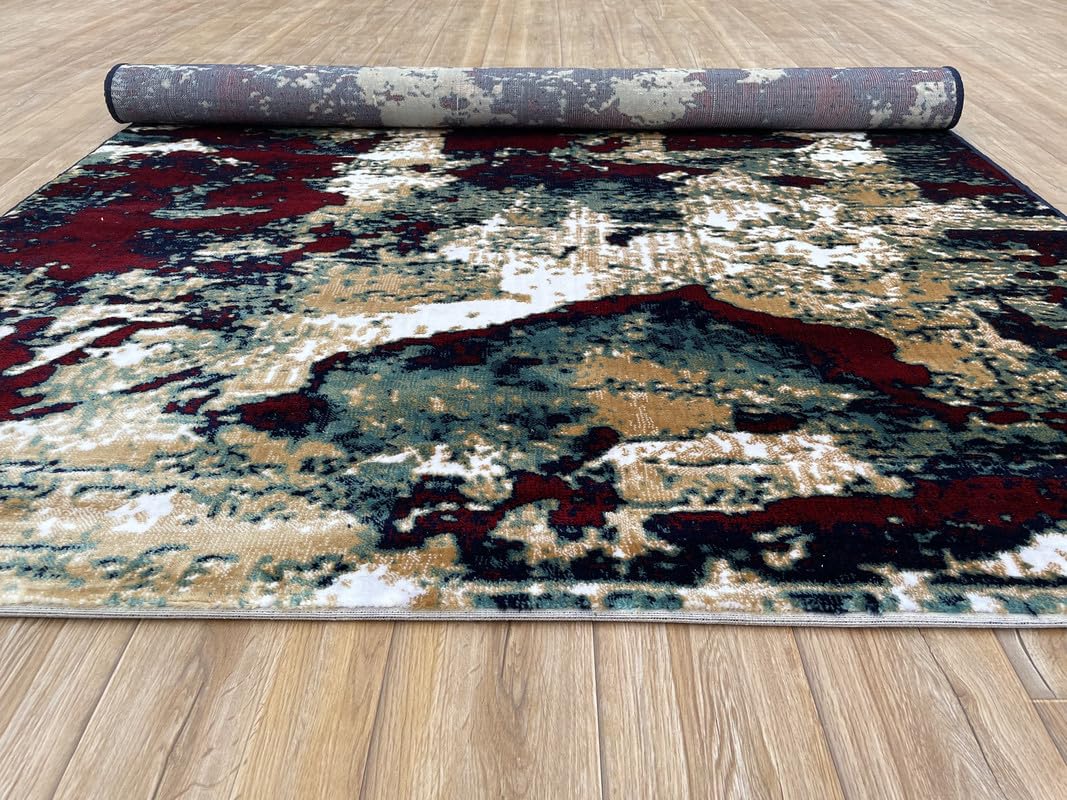 Abstract Crimson Fusion Distressed Area Rug