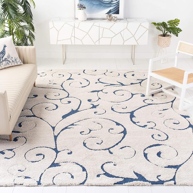 Ivory Blue Scroll Area Rug