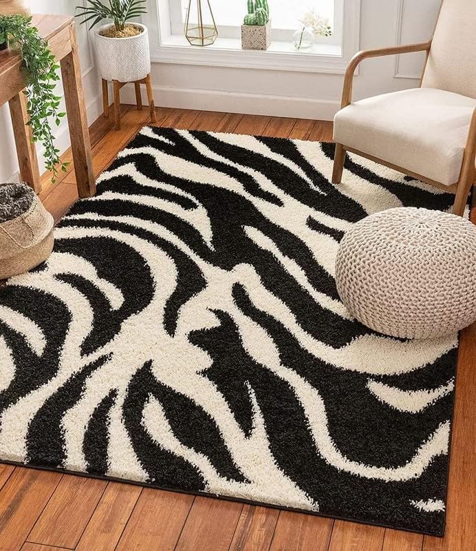 Noir Zebra Wave Textured Shaggy Rug