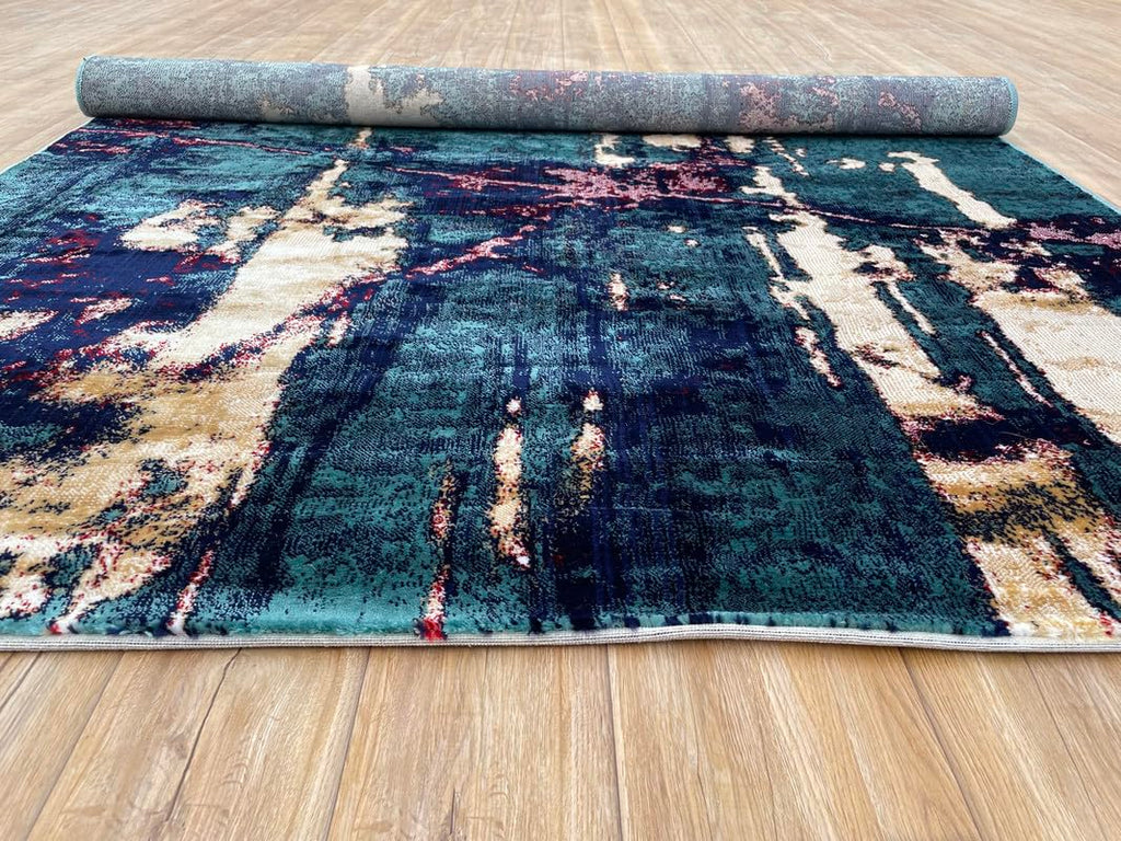 Abstract Vertical Flow Teal Gold Area Rug