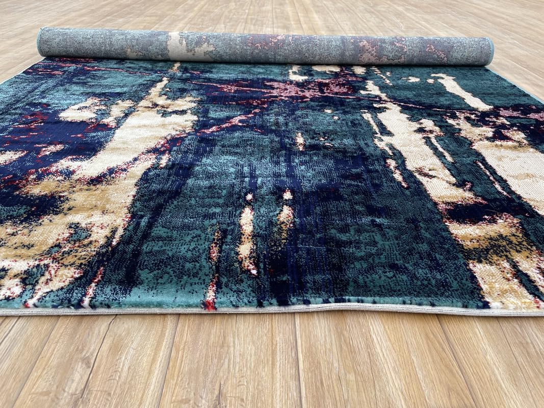 Abstract Vertical Flow Teal Gold Area Rug