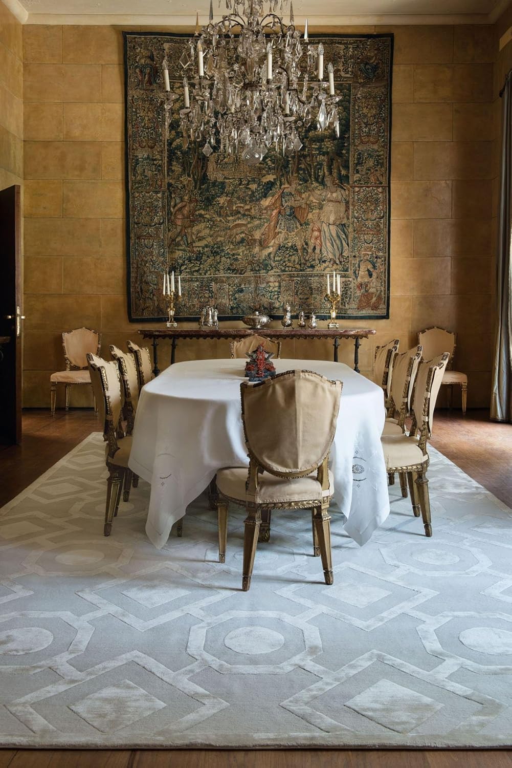 Beige Geometric Wool & Viscose Luxury Carpet