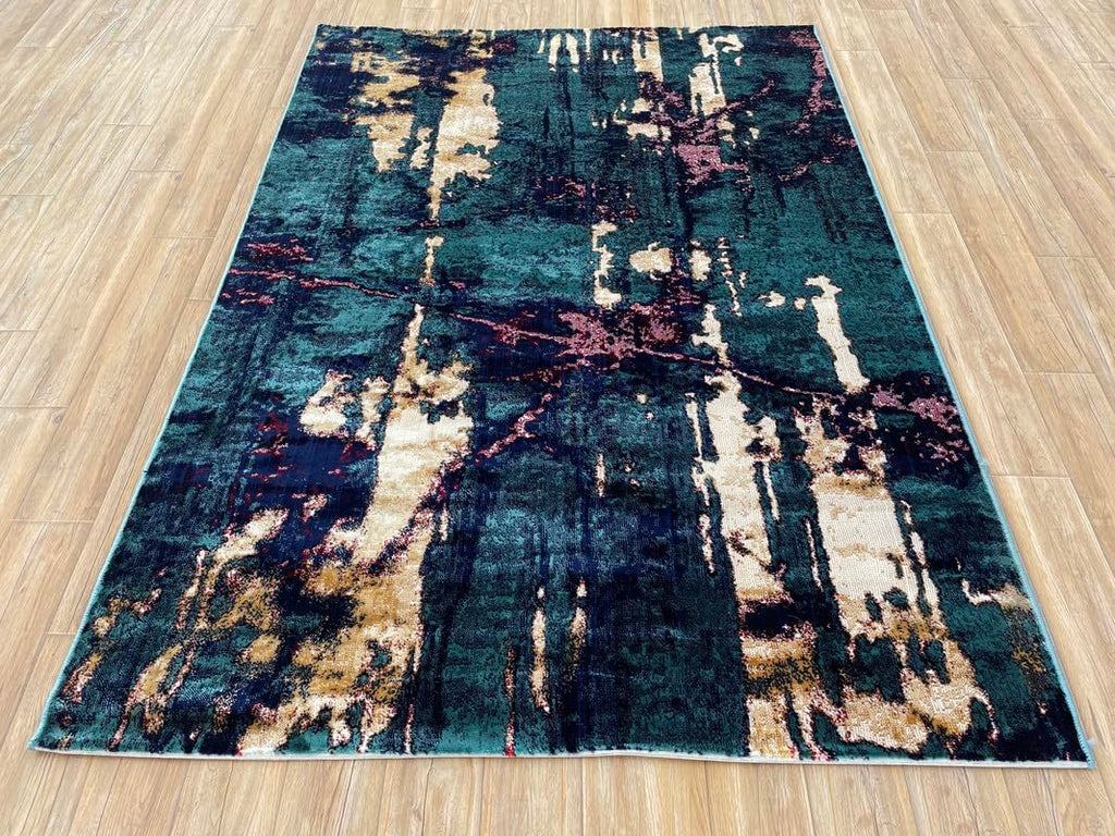 Abstract Vertical Flow Teal Gold Area Rug