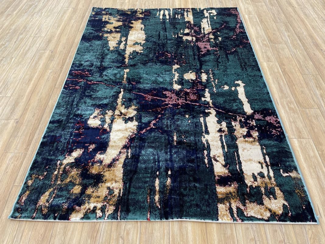 Abstract Vertical Flow Teal Gold Area Rug