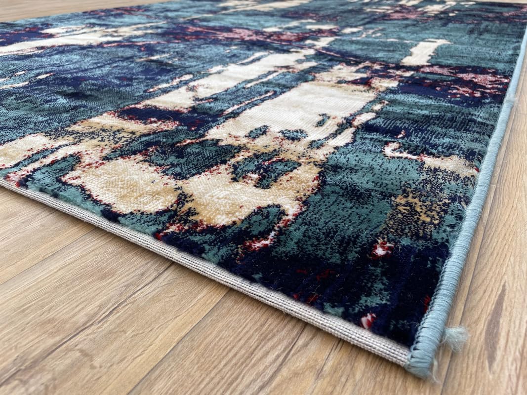 Abstract Vertical Flow Teal Gold Area Rug