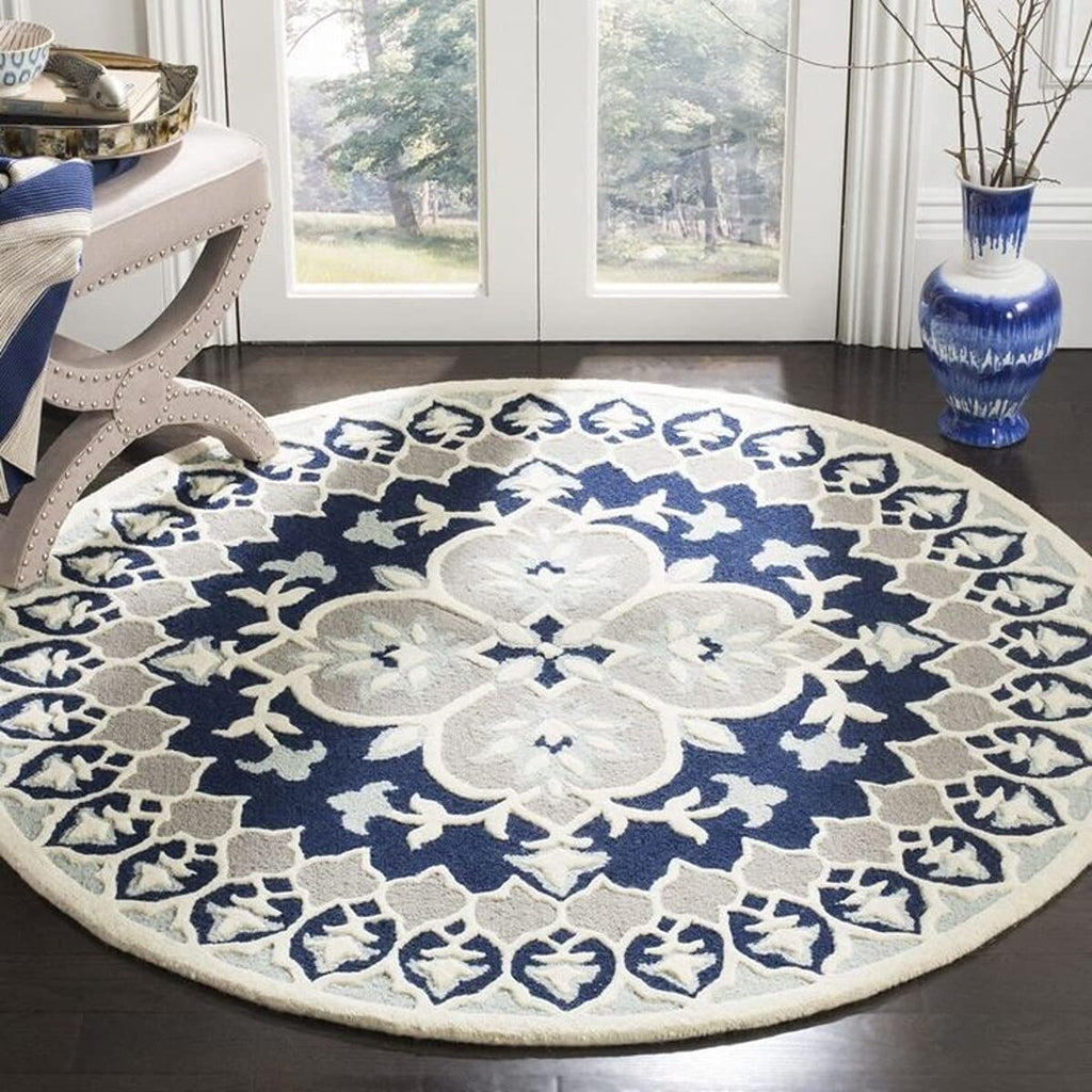 Blue Traditional Medallion Round Carpet