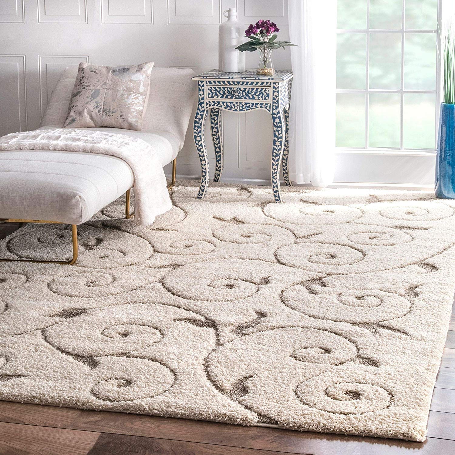 Cream Ornamental Scroll Carpet & Rug