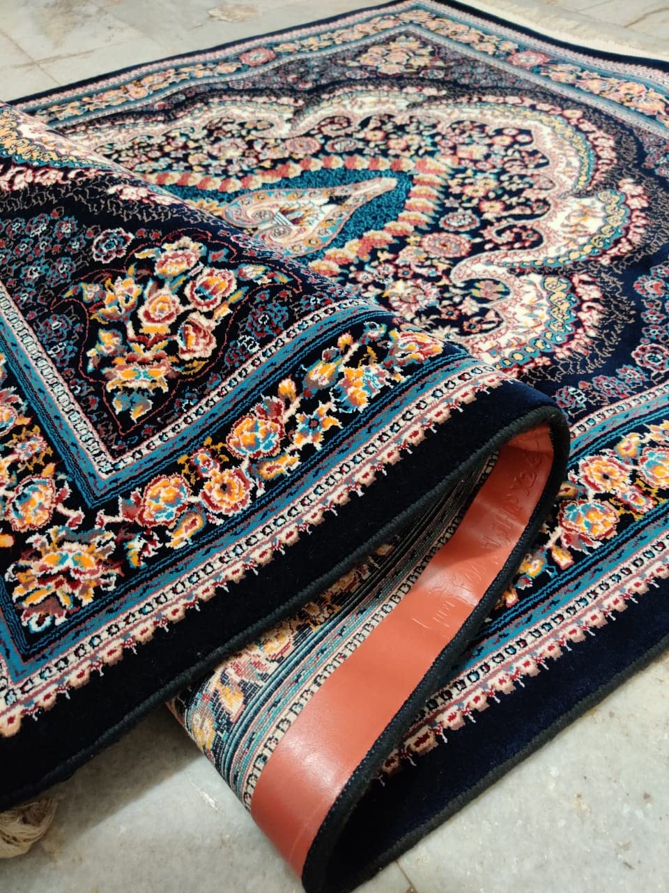 Dark Navy Irani Carpet with Dense Ornamental Medallion Motif