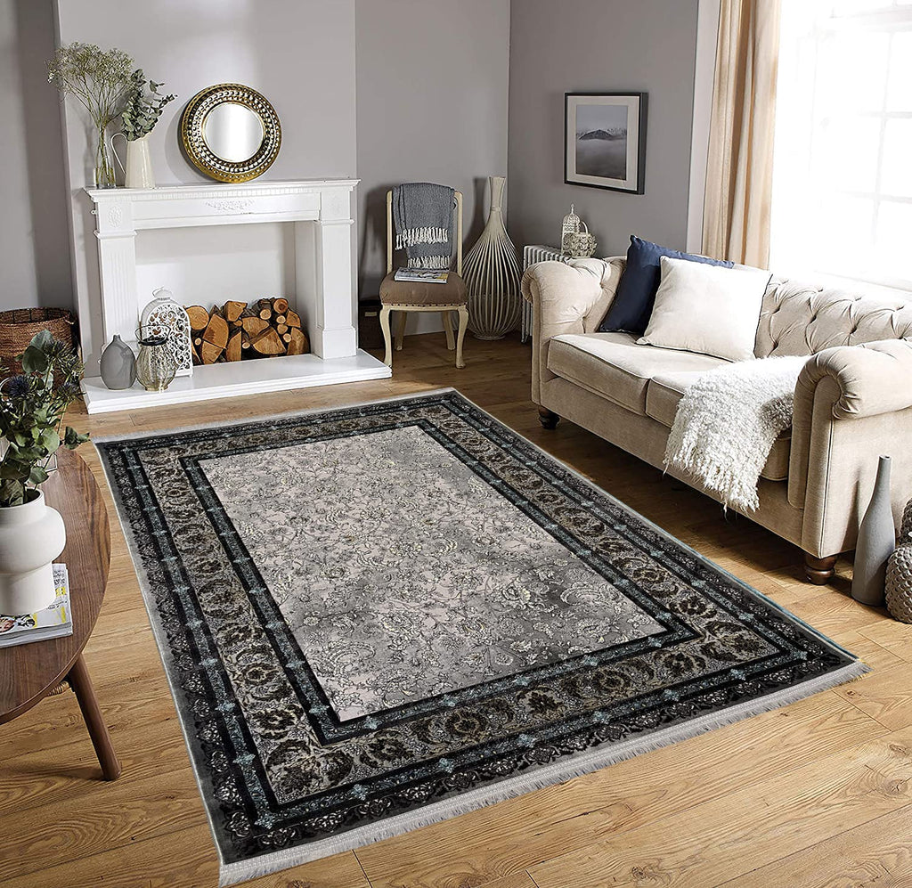 Modern Irani Grey Carpet with Minimal Border Design Look