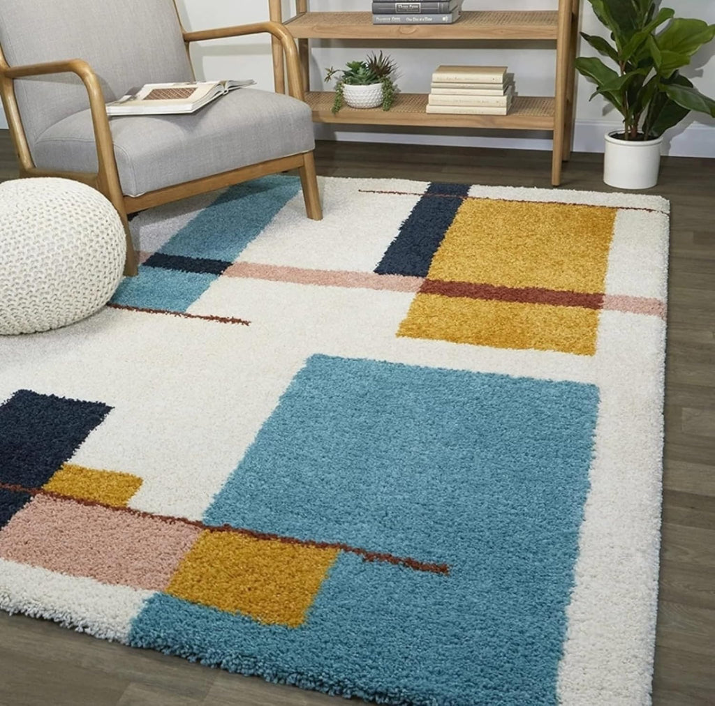 Designer White Geometric Plush Carpet