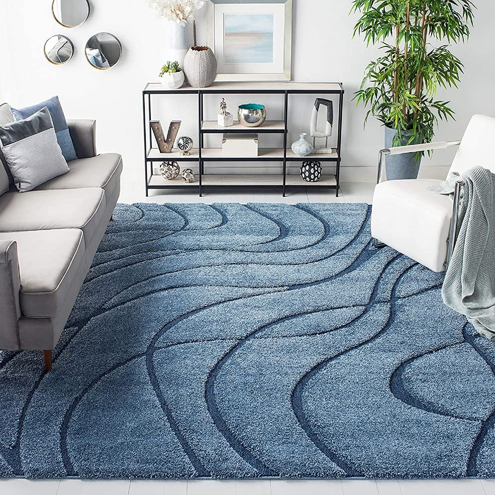 Blue Contemporary Wave Design Carpet & Rug