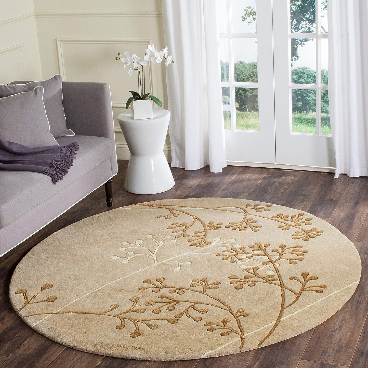 Beige Botanical Branch Round Carpet