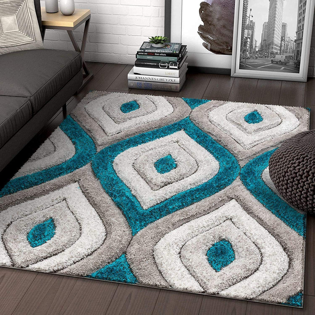 Teal Grey soft Geometric Designer Carpet & Rug