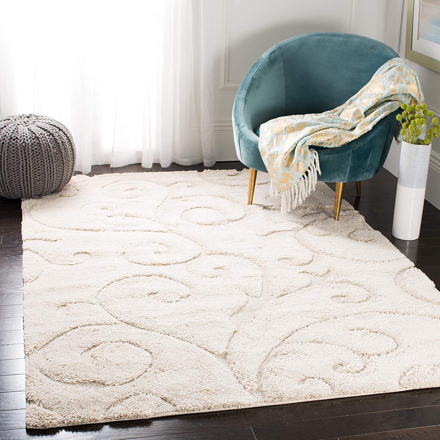 Ivory Floral Scroll Shaggy Carpet