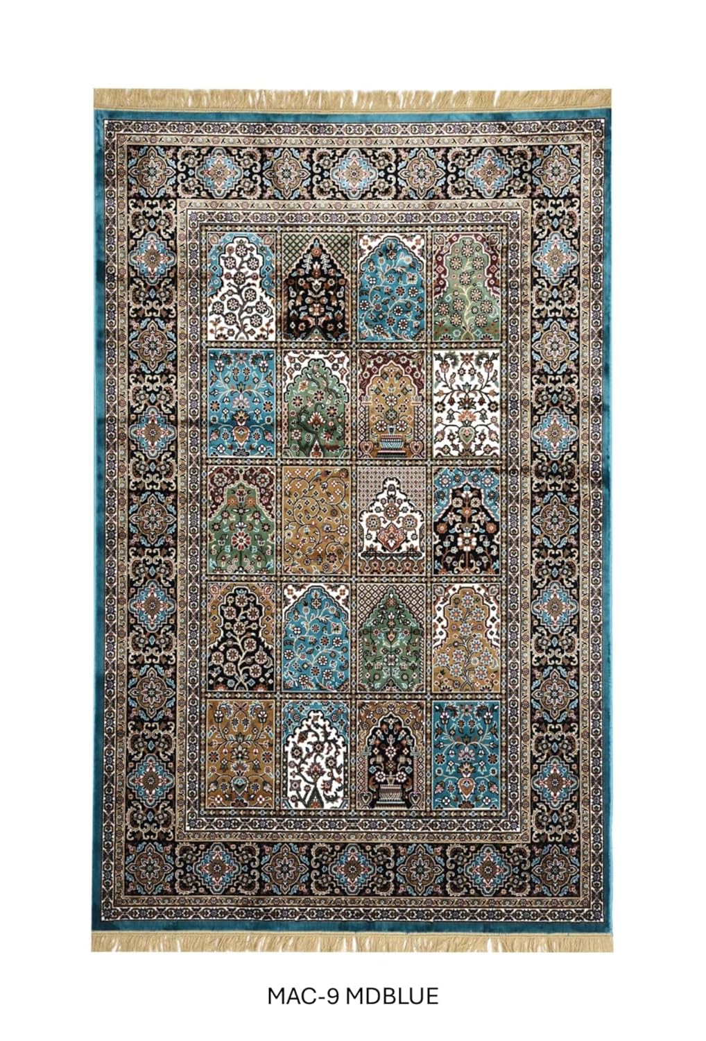 Traditional Blue Persian Qom Patchwork Frame Rug
