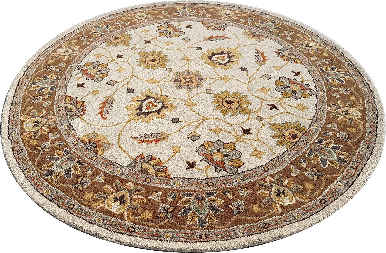 Round Beige Floral Wool Rug