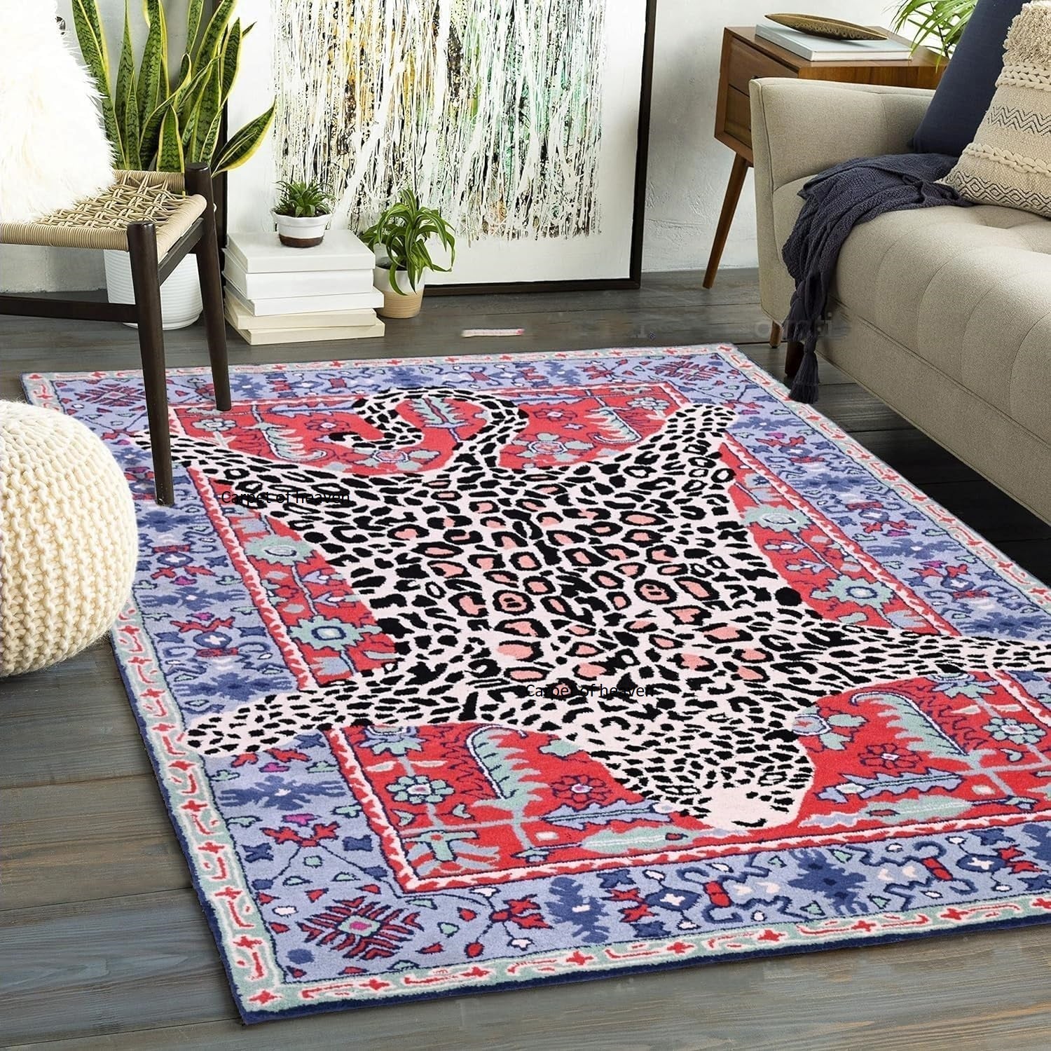 Hand-Tufted Bengal Tiger Animal Print Wool Area Rug - Featuring Symmetrical Palm Leaves Design, Ideal for Living Room, Bedroom, Kitchen & Office, Thick & Durable