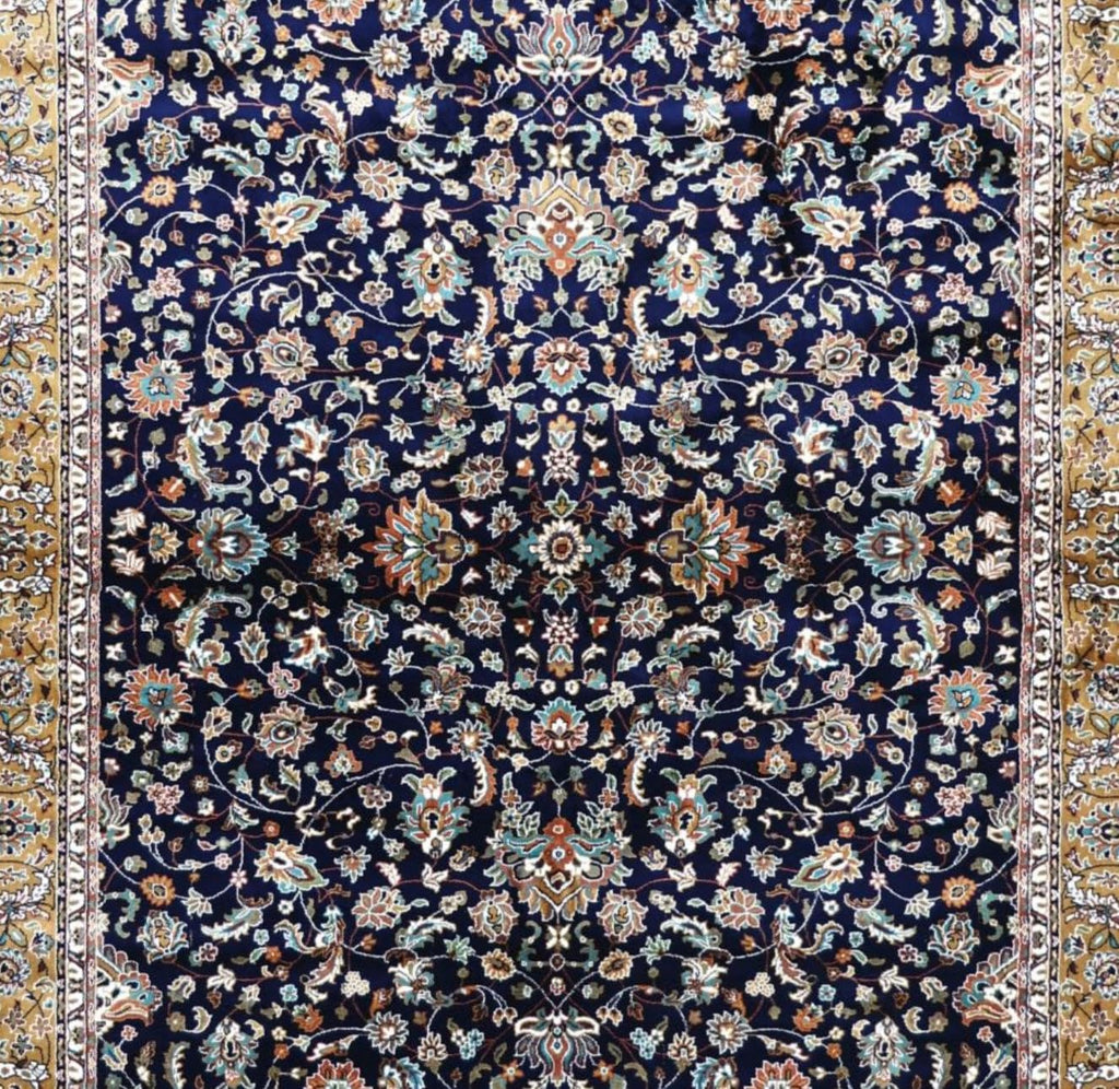 All Over Floral Carpet in Deep Navy with Gold Ornamental Border