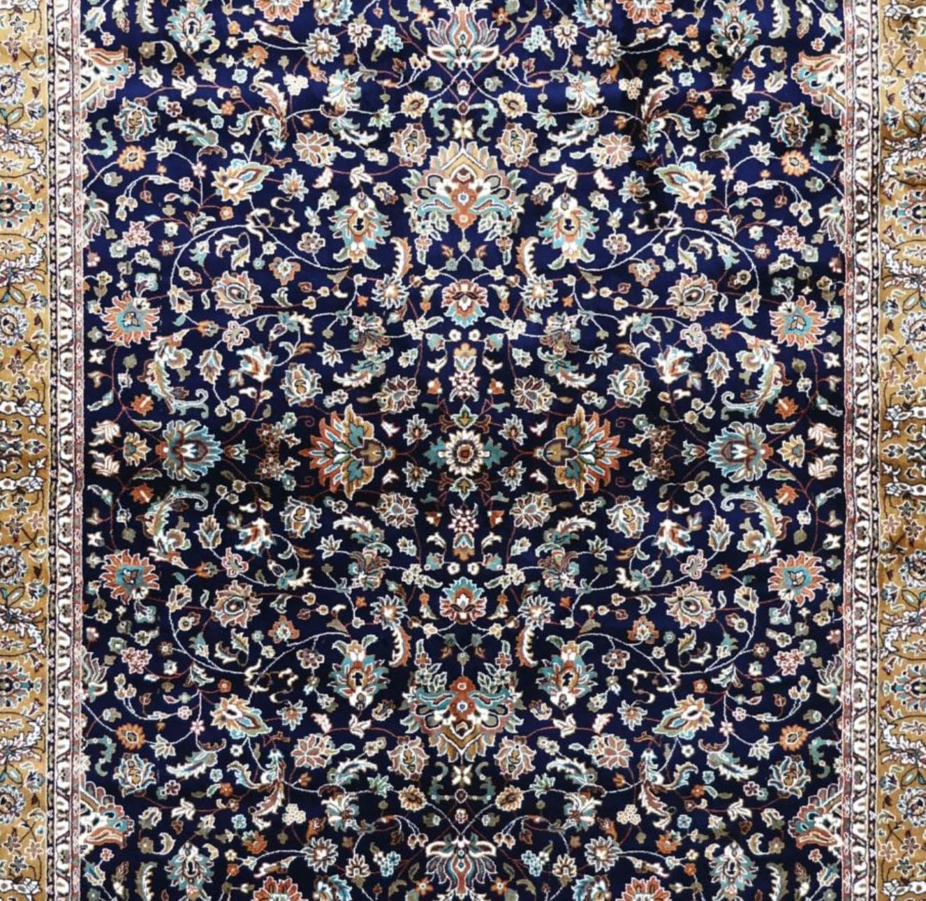 All Over Floral Carpet in Deep Navy with Gold Ornamental Border