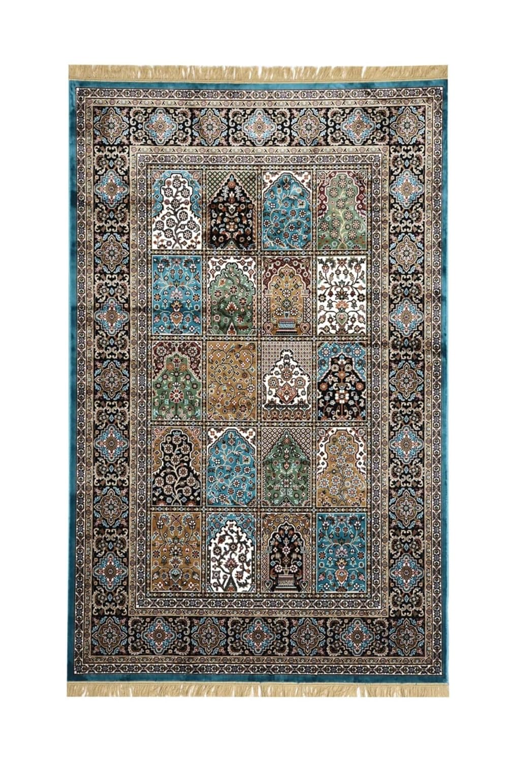 Traditional Blue Persian Qom Patchwork Frame Rug