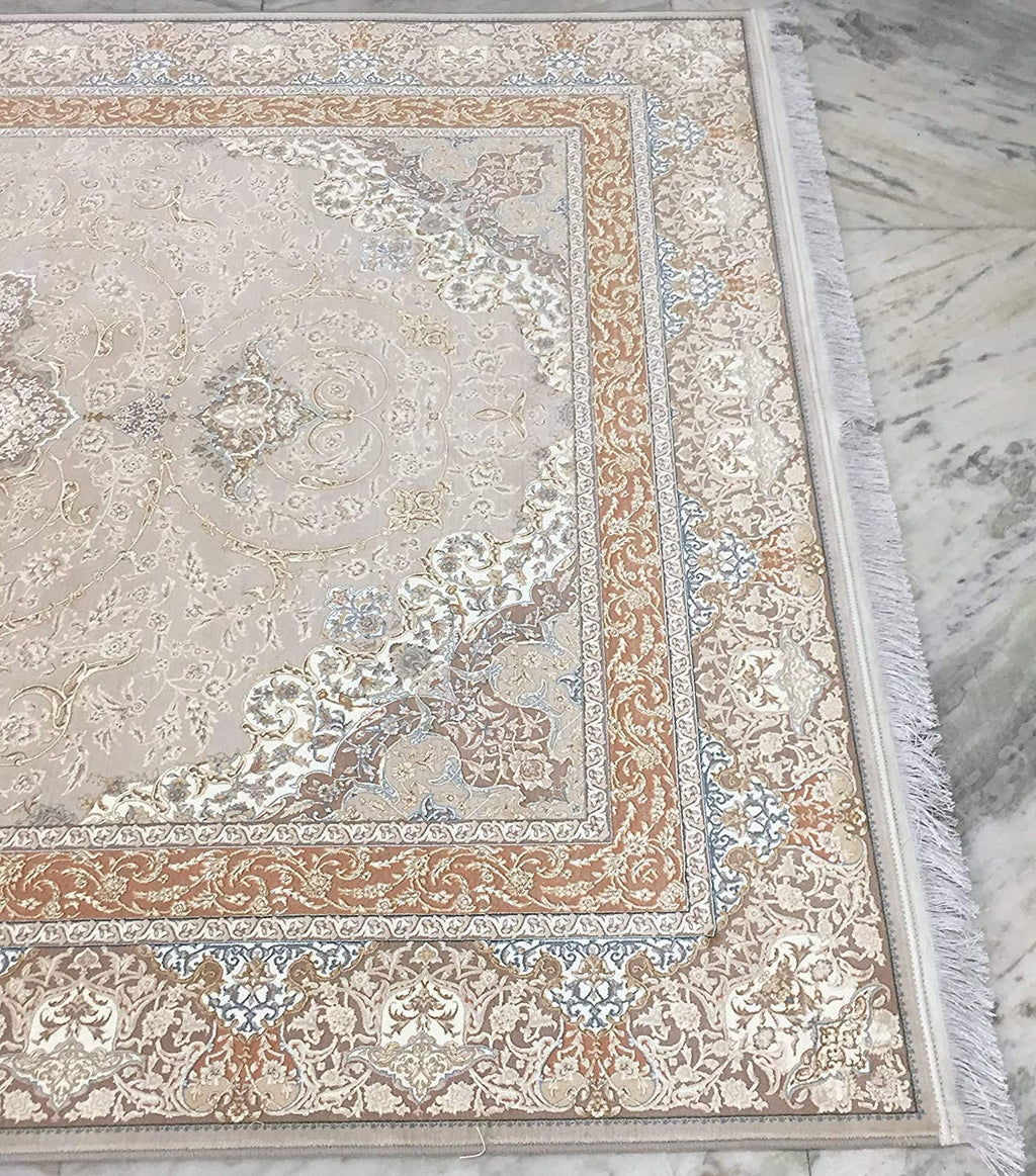Classic Beige Irani Medallion Carpet with Ornate Border