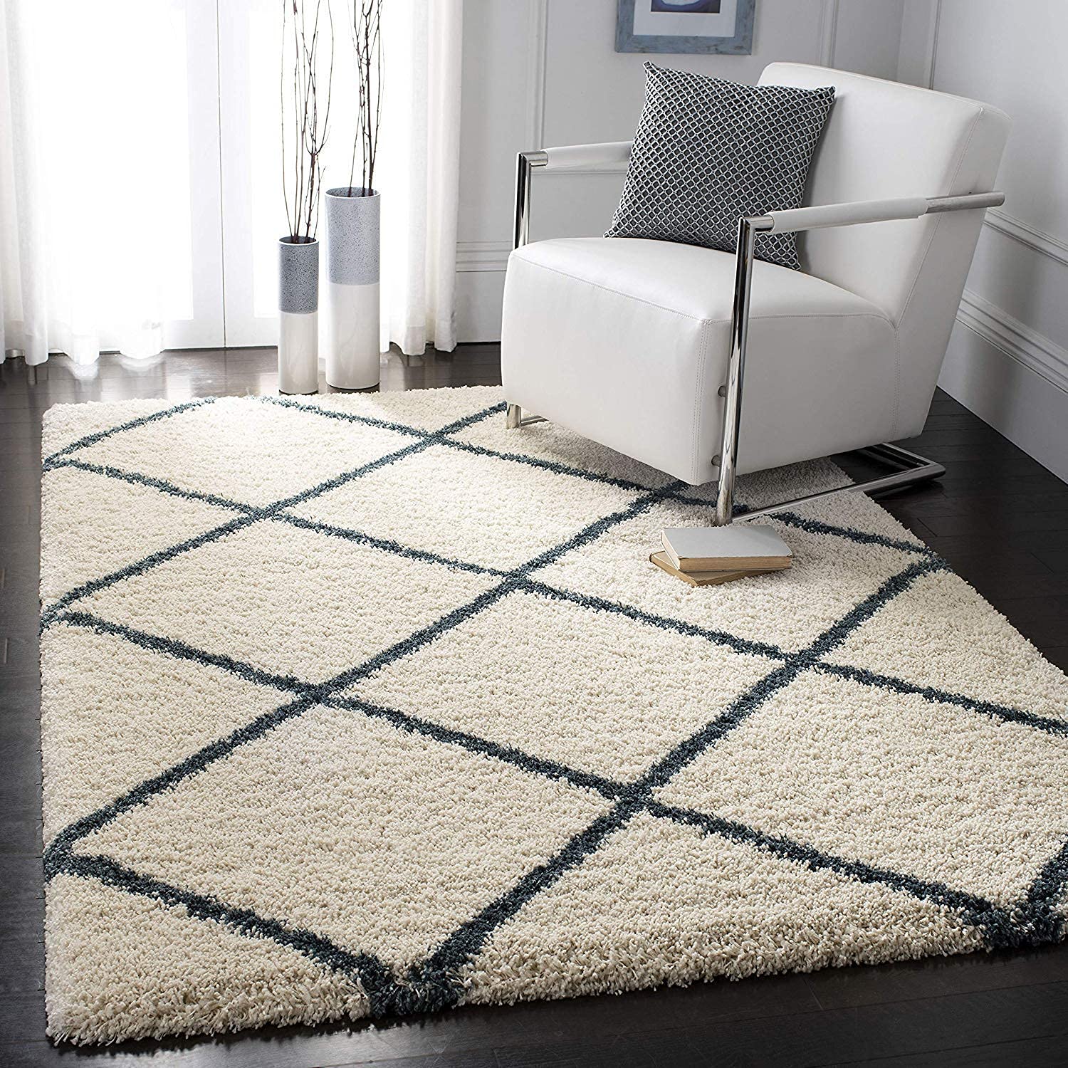 Cream Lattice Pattern Shaggy Carpet