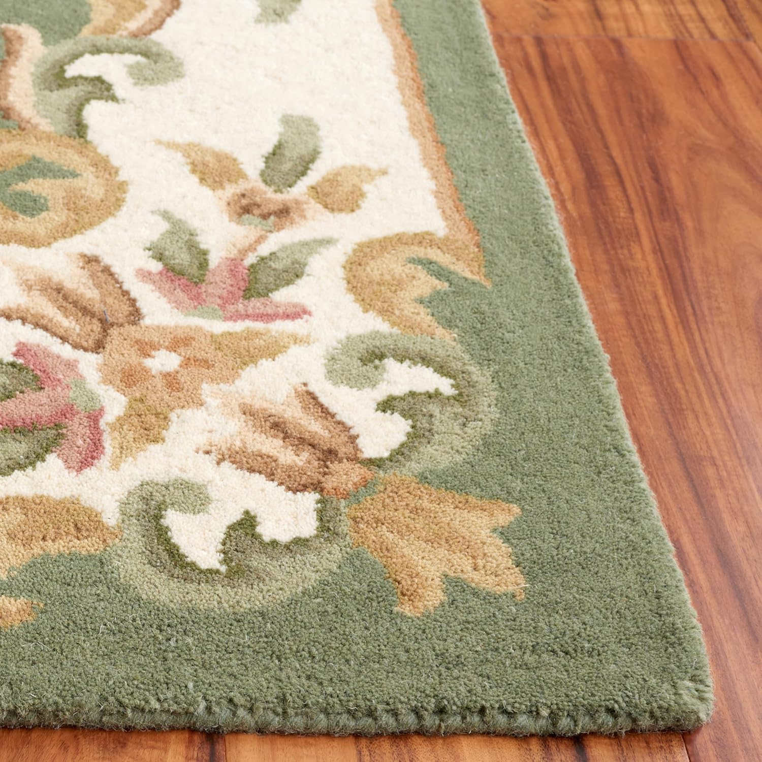 Sage Green Floral Border Carpet & Rug