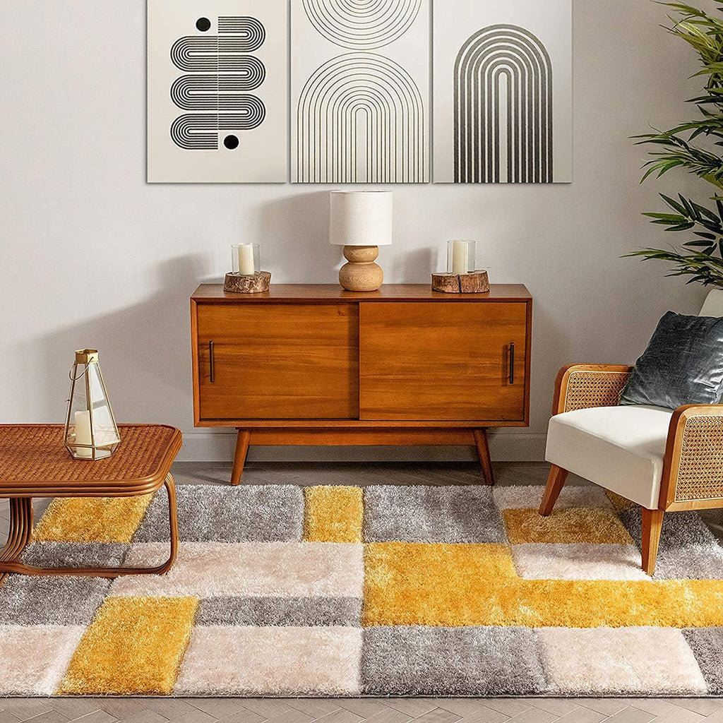 Contemporary Yellow Check Pattern Carpet & Rug