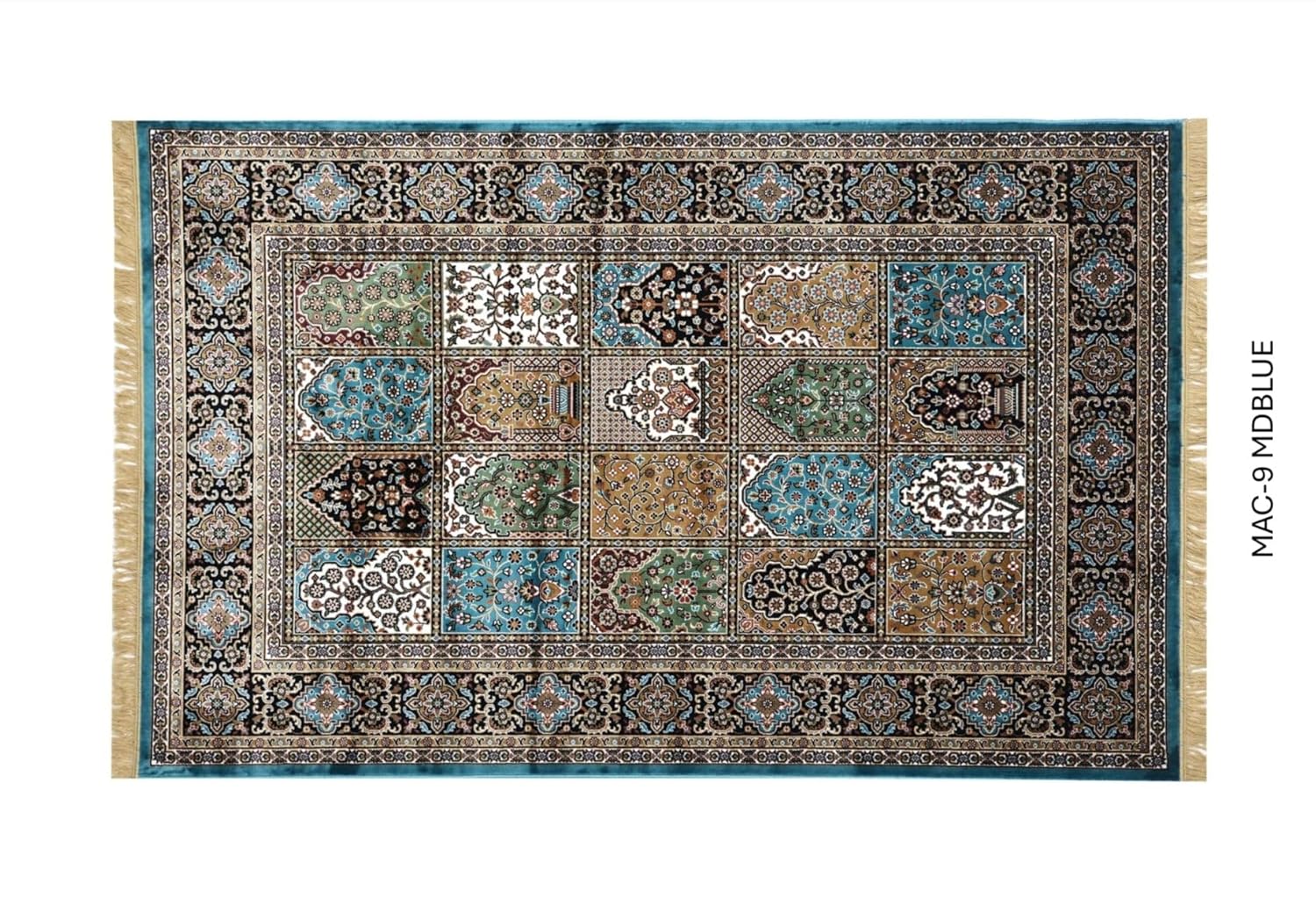 Traditional Blue Persian Qom Patchwork Frame Rug