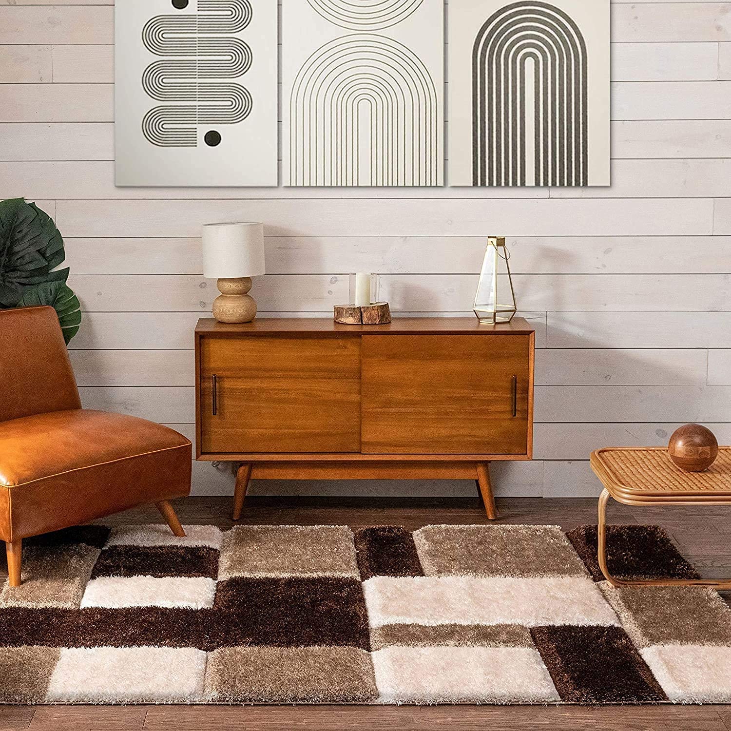 Contemporary Brown Geometric Check Carpet & Rug